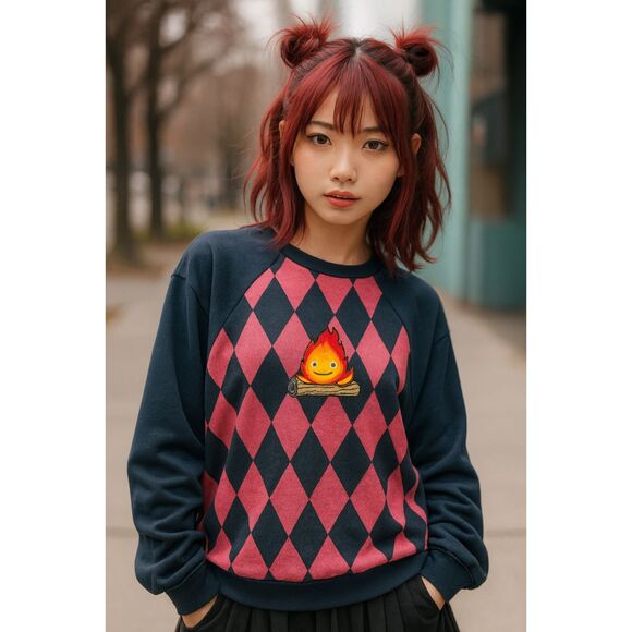 HOT TOPIC Howl's Moving Castle Blue Red Diamond Pullover Sweater Women's Medium - Picture 1 of 10